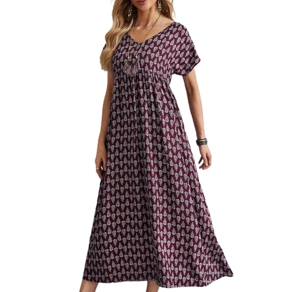 Jdlsppl Women's Short Sleeve Dresses Casual Sundress V Neck Pocket High Waist Holiday Date Night Dress Burgundy XX-Large