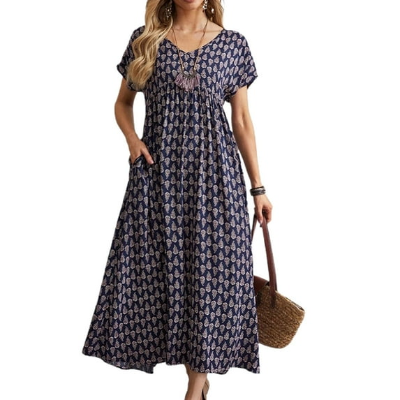 Jdlsppl Women's Short Sleeve Dresses Casual Sundress V Neck Pocket High Waist Holiday Date Night Dress Dark Blue XX-Large