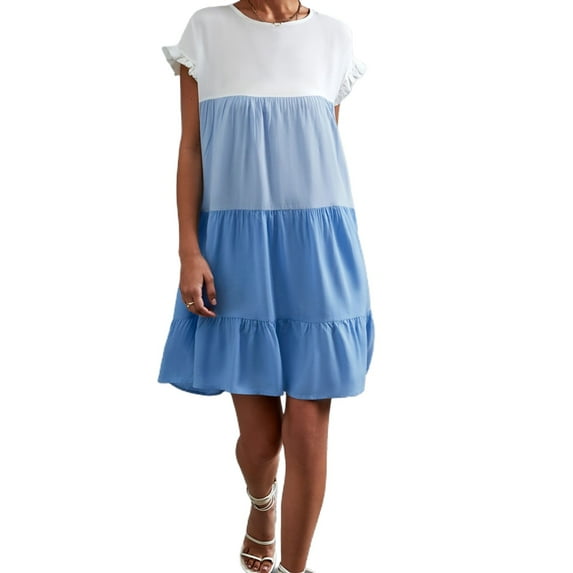 Jdlsppl Women's Short Sleeve Dresses Summer Flowy Short Ruffle Spring Casual Ruffled Cute Fashion Dress Blue Small