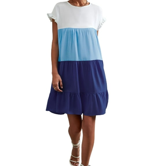 Jdlsppl Women's Short Sleeve Dresses Summer Flowy Short Ruffle Spring Casual Ruffled Cute Fashion Dress Dark Blue Small