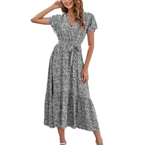 SWSMCLT Women's Short Sleeve Long Dress Flutter Sleeve Ruched Casual Peasant Floral V Neck Wrap Tie Waist Sundress Summer Holiday Beach Swing Tiered Pleated Ruffle Dresses Light Grey Small