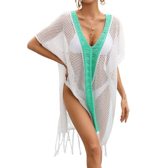 Jdlsppl Women's Short Sleeve Swimsuit Summer Cover Up Side Split Bathing Suit Cutout Loose Fringe Knit Green Small-X-Large