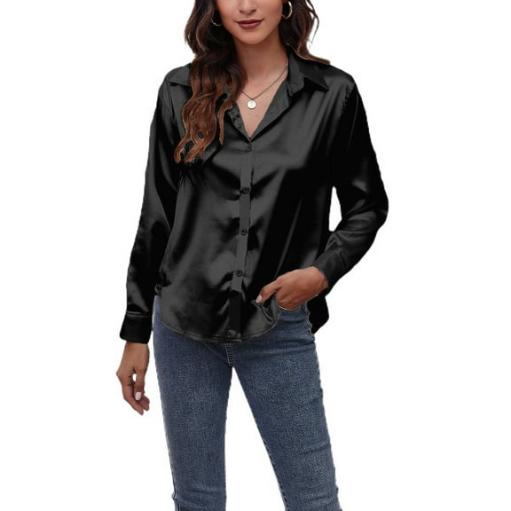 Jdlsppl Women's Soft Top Casual Button Up Shirt Long Sleeve Thin Loose Button Up Button Fashion Button Down Shirt Black Small