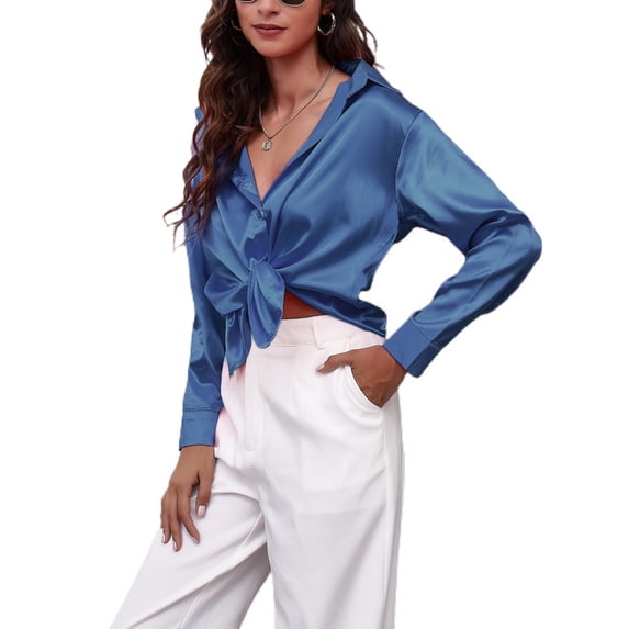 Jdlsppl Women's Soft Top Casual Button Up Shirt Long Sleeve Thin Loose Button Up Button Fashion Button Down Shirt Blue 12-14