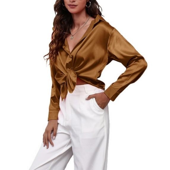 Jdlsppl Women's Soft Top Casual Button Up Shirt Long Sleeve Thin Loose Button Up Button Fashion Button Down Shirt Brown 12-14