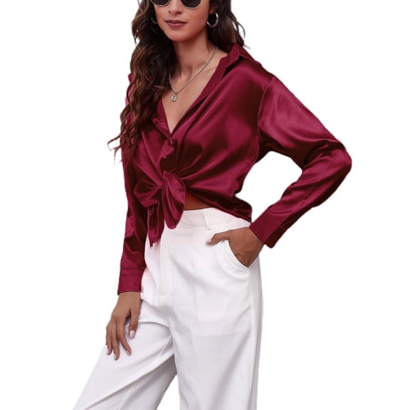 Jdlsppl Women's Soft Top Casual Button Up Shirt Long Sleeve Thin Loose Button Up Button Fashion Button Down Shirt Burgundy 12-14