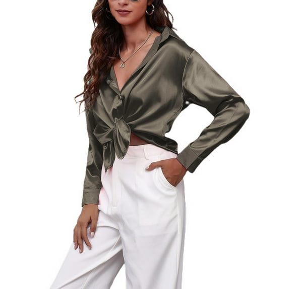 Jdlsppl Women's Soft Top Casual Button Up Shirt Long Sleeve Thin Loose Button Up Button Fashion Button Down Shirt Dark Grey 18