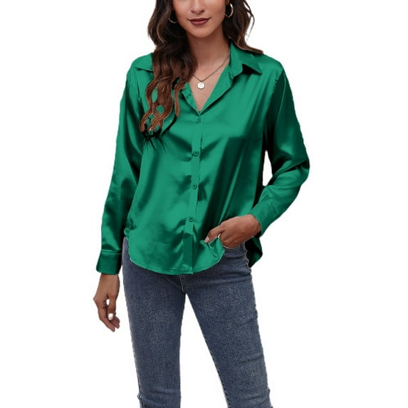 Jdlsppl Women's Soft Top Casual Button Up Shirt Long Sleeve Thin Loose Button Up Button Fashion Button Down Shirt Green Small