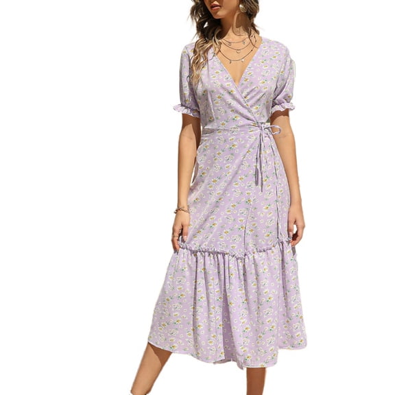 SWSMCLT Women's Long Beach Casual Dresses Summer Dress Short Sleeve Sundress V Neck Boho Ruffle Fall Chiffon Purple Large