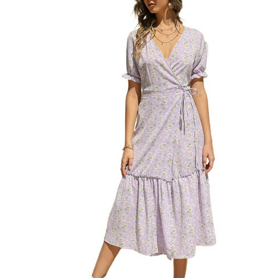 SWSMCLT Women's Long Beach Casual Dresses Summer Dress Short Sleeve Sundress V Neck Boho Ruffle Fall Chiffon Purple Small