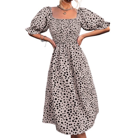 SWSMCLT Women's Ruffle Ruched High Waist Vintage Summer Dresses Long Sundress Fashion Fall Square Neck Dress Khaki Small