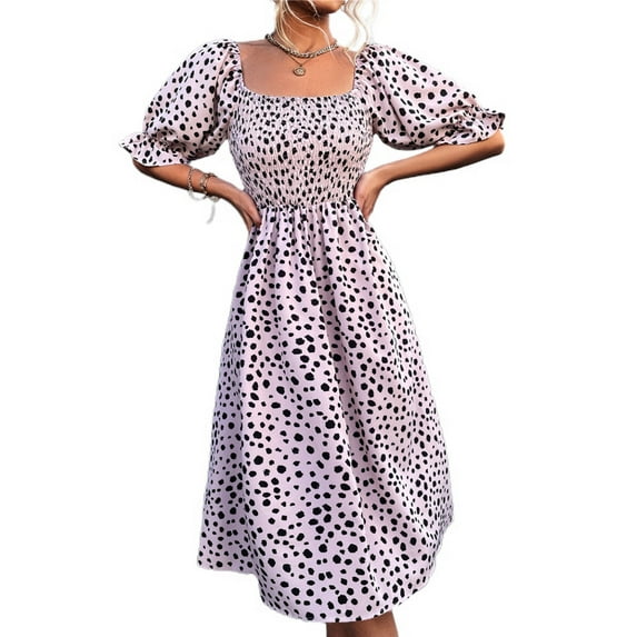 SWSMCLT Women's Ruffle Ruched High Waist Vintage Summer Dresses Long Sundress Fashion Fall Square Neck Dress Pink Large