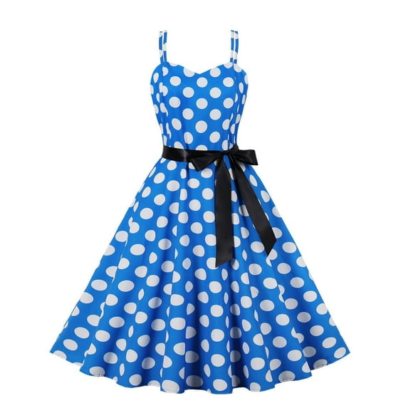 Jdlsppl Women's Summer Midi Dress Casual Polka Dot Vintage 1950s Sweetheart Neck Fit and Flare Knee Length High Waist A Line Pleated Strappy Sleeveless Party Dresses Blue 14