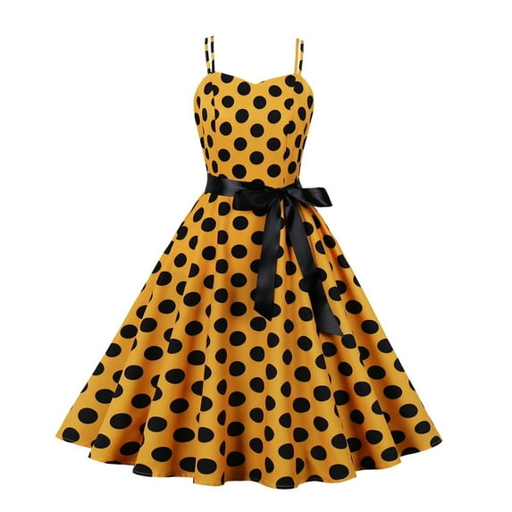 Jdlsppl Women's Summer Midi Dress Casual Polka Dot Vintage 1950s Sweetheart Neck Fit and Flare Knee Length High Waist A Line Pleated Strappy Sleeveless Party Dresses Yellow 16
