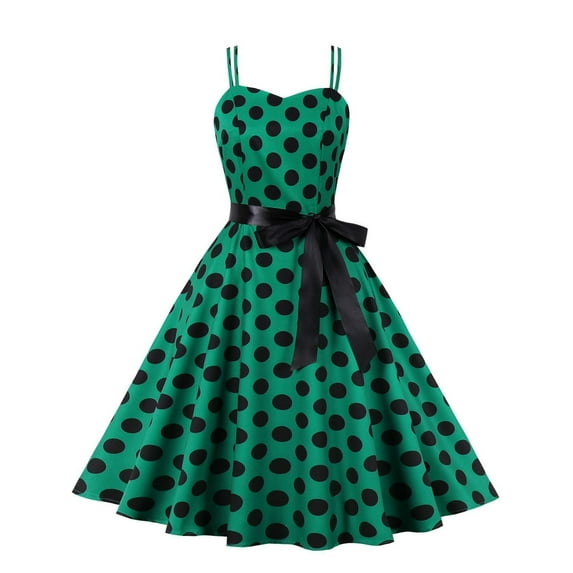 Jdlsppl Women's Summer Midi Dress Casual Polka Dot Vintage 1950s Sweetheart Neck Fit and Flare Knee Length High Waist A Line Pleated Strappy Sleeveless Party Dresses Green 16