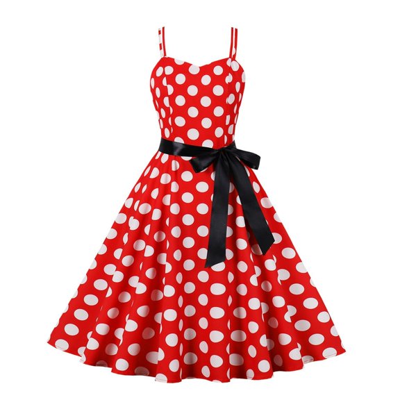 Jdlsppl Women's Summer Midi Dress Casual Polka Dot Vintage 1950s Sweetheart Neck Fit and Flare Knee Length High Waist A Line Pleated Strappy Sleeveless Party Dresses Red 4-6