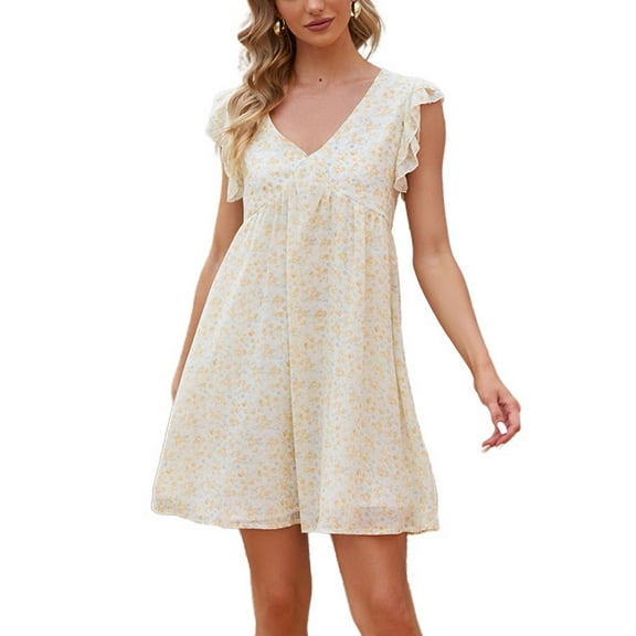 Jdlsppl Women's Summer Short Sleeve Dress V Neck Dresses Cute Casual Chiffon Beach Fashion A Line Holiday Skater Dress Yellow Large