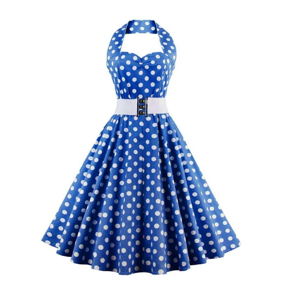 SWSMCLT Women's Sleeveless Halter Low Back Summer Vintage Dresses Rockabilly 1950s Dress 20s 50s 60s V Neck Sexy Swing Ruched Dress Blue 4-6