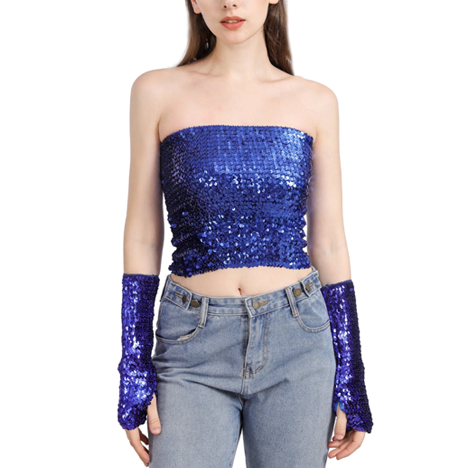Jdlsppl Women's Tube Tube Top Rhinestone Metallic Shiny Crop