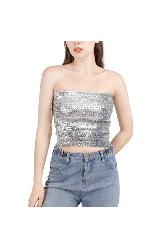 Jdlsppl Women's Tube Tube Top Rhinestone Metallic Shiny Crop Fitted Soft Sexy Dance Party Fall Halloween Strapless Shiny Top Silver Small-Large