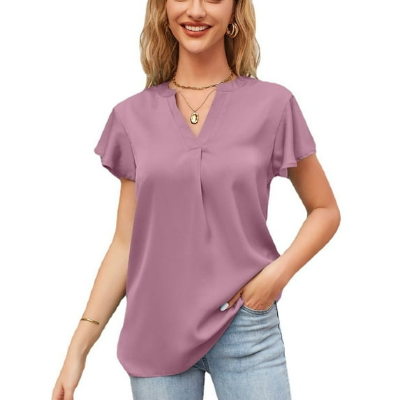 Jdlsppl Women's V Neck Blouse Short Sleeve Shirt Soft Loose Fashion T Shirt Cool Satin Thin Lightweight Cap Sleeve Dark Pink XX-Large