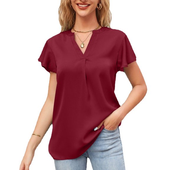 Jdlsppl Women's V Neck Blouse Short Sleeve Shirt Soft Loose Fashion T Shirt Cool Satin Thin Lightweight Cap Sleeve Red XX-Large