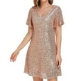 thumbnail image 1 of Jdlsppl Women's V Neck Skater Dress 50s Disco Sequin Flutter Short Sleeve Metallic Glitter Short Cocktail Party Modest Hoco Homecoming Dress Golden Large, 1 of 5