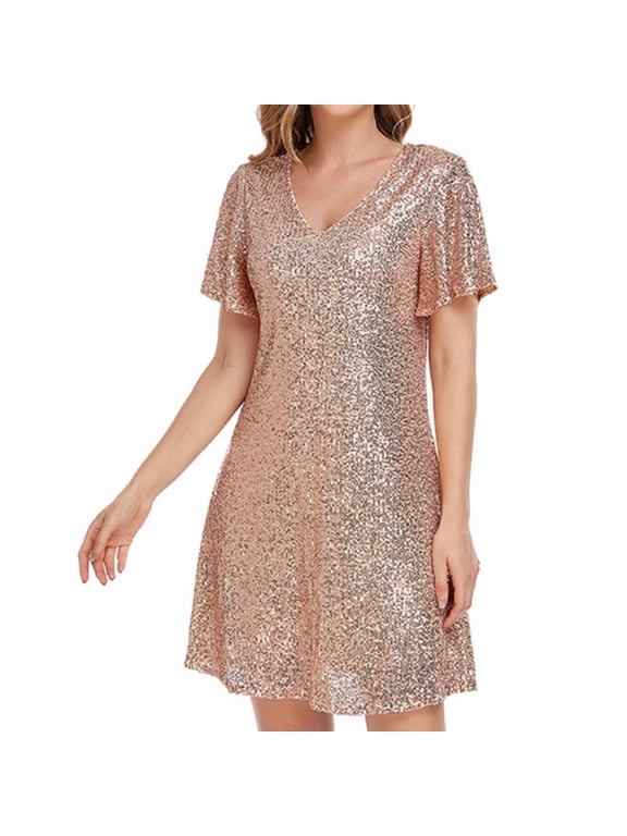 Women's V Neck Skater Dress 50s Disco Sequin Flutter Short Sleeve Metallic Glitter Short Cocktail Party Modest Hoco Homecoming Dress Golden Small