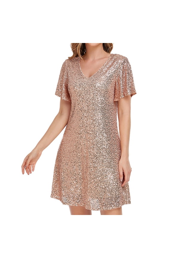 Women's V Neck Skater Dress 50s Disco Sequin Flutter Short Sleeve Metallic Glitter Short Cocktail Party Modest Hoco Homecoming Dress Golden X-Large