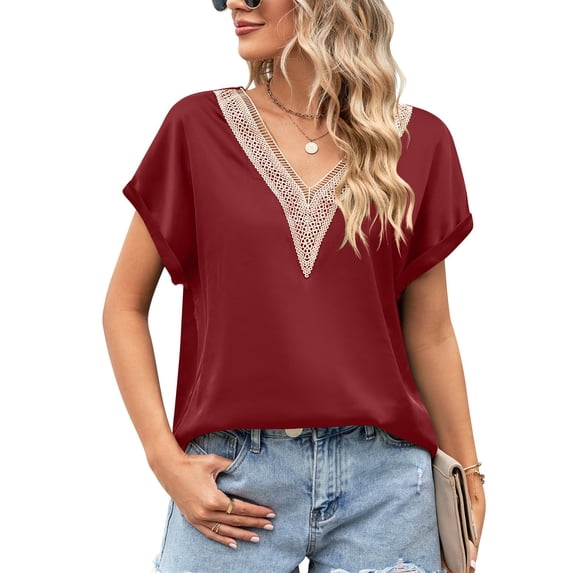 SWSMCLT Women's V Neck T Shirt Sexy Shirt Summer Batwing Sleeve Work Thin Soft Fashion Loose Spandex Tee Burgundy Small