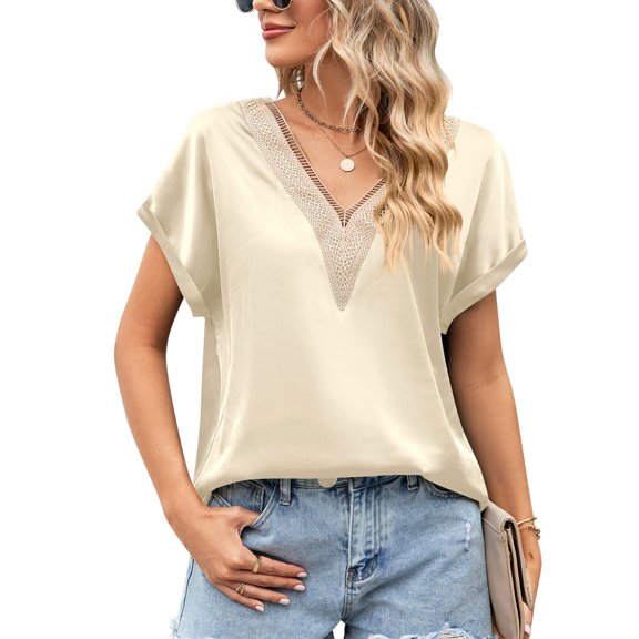 SWSMCLT Women's V Neck T Shirt Sexy Shirt Summer Batwing Sleeve Work Thin Soft Fashion Loose Spandex Tee Golden Large