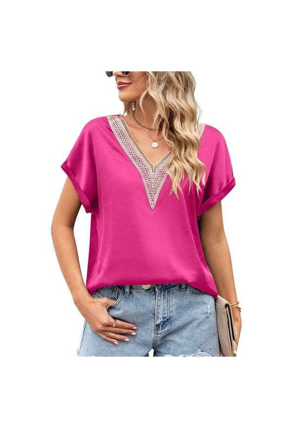 Women's V Neck T Shirt Sexy Shirt Summer Batwing Sleeve Work Thin Soft Fashion Loose Spandex Tee Rose Medium