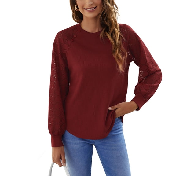 SWSMCLT Women's Lace Illusion Long Sleeve Shirt Waffle Knit Tshirt Soft Patchwork Fashion Crew Neck Sweatshirt Fall Top Burgundy 4