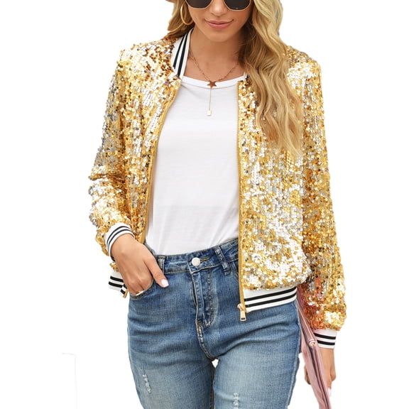 SWSMCLT Women's Zip Up Jacket Sequin Disco Carnival Outfit Halloween Bomber Jackets Long Sleeve Short Dance Vintage Zipper Golden Medium