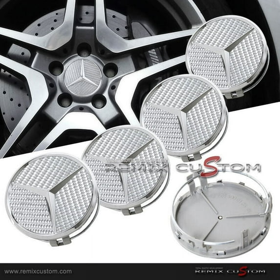 Jdmotive 75mm Wheel Covers ABS Aluminum Carbon Silver fits Mercedes, 4 Pack
