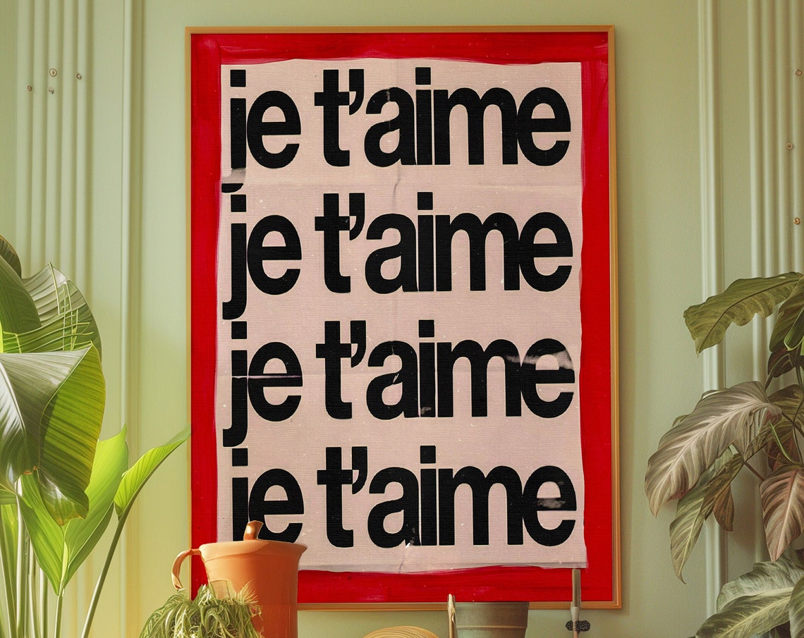 Je T'Aime Poster, Eclectic Maximalist Art, Red Wall Art, Typography ...
