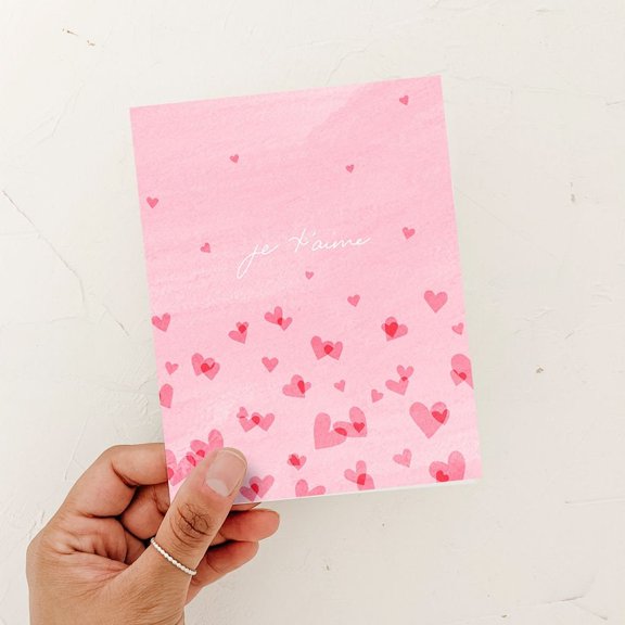 Je T'aime Romantic Greeting Card with Floating Heart Design, French Love Note for Anniversary or Valentine's Day, Minimalist Pink and Red Theme