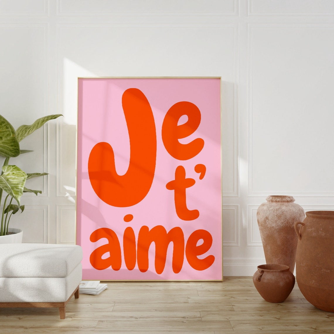 Je Taime Pink Orange French Quote Wall Art Print, Inspirational Office ...