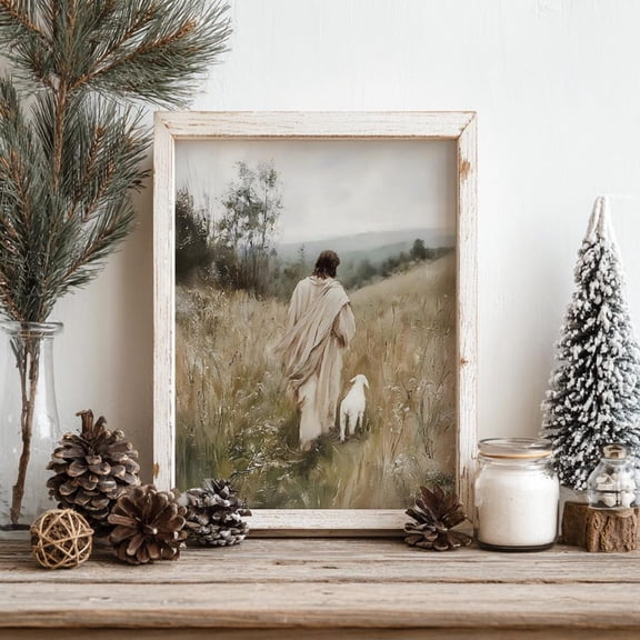 Je-sus Carried A Sheep Through The Meadow Wall Art Canvas Artwork Wall Decor Sh-epherd Prints Painting Art Prints Picture Home Bedroom Religious Christian Farmhouse Decoration No Frame