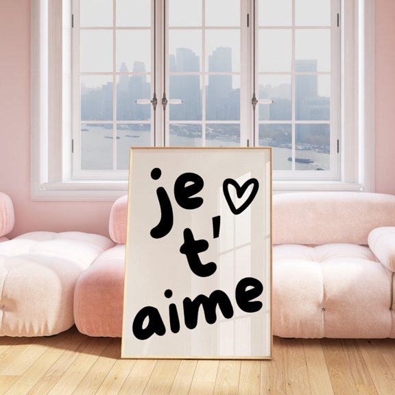 Je t'aime French Love Saying Quote Black And White Wall Art Minimalist Statement Sign, Unframed Canvas 8x10in