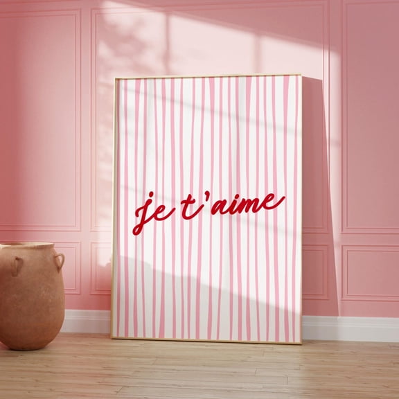 Je t'aime Pink Red Wall Art French I Love You Phrase Couples Typography Statement Sign, Unframed Canvas 8x10in