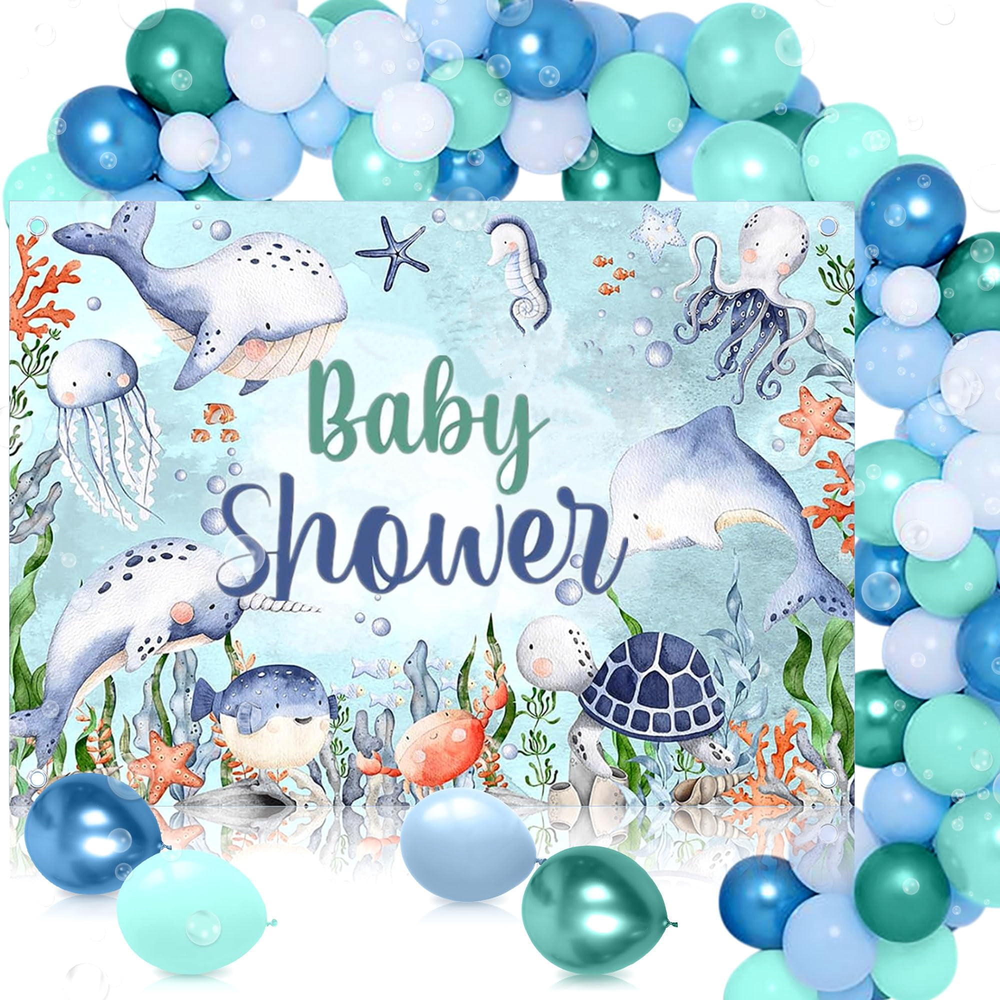 JOYMEMO Under The Sea Baby Shower Decorations - Welcome Baby Banner & Sea Animals Garland, Blue Ocean Theme
