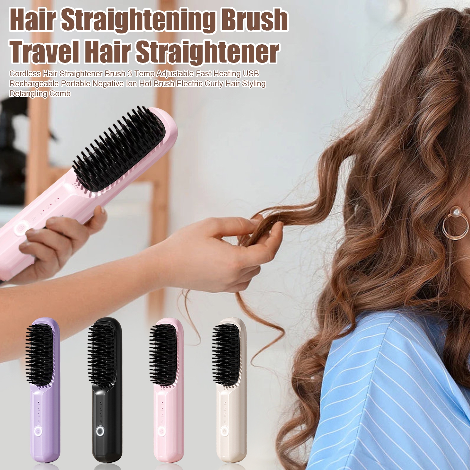 Jeachry Cordless Hair Straightener Brush 3 Temp Adjustable Fast Heating ...