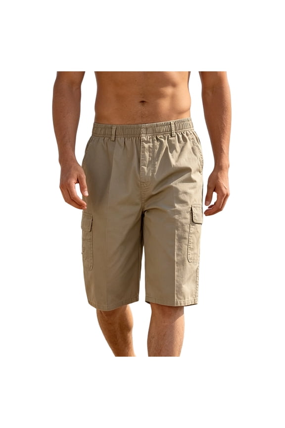 Jeadar Men's Casual Twill Cargo Shorts Zip Fly Cotton Elastic Waist Loose Fit Drawstring Short