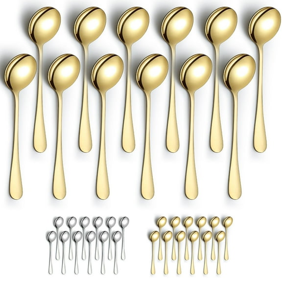 Jeaker Gold Soup Spoons Stainless Steel Round Dinner Spoon, Table Spoons Silverware Set of 12, Dishwasher Safe