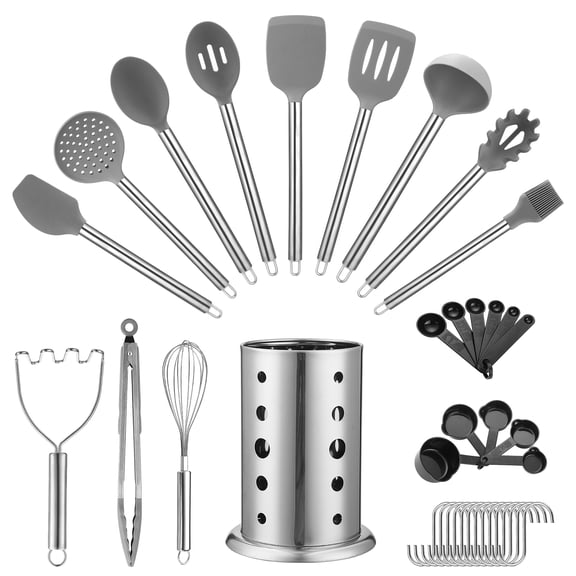 Jeaker Kitchen Utensils Set 38 Pieces, Non-Stick Silicone Cooking Utensils Set, Turner Tongs, Spatula, Spoon Set with Stainless Steel Utensil Holder