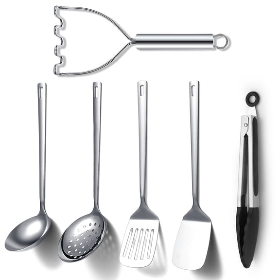 Jeaker Stainless Steel Kitchen Utensils Set 6 Pieces, Cooking Utensil Set Include Metal Spatula Sets, Skimmer, Ladle, Tongs, Potato Masher, Dishwasher Safe
