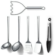 Jeaker Stainless Steel Kitchen Utensils Set 6 Pieces, Cooking Utensil Set Include Metal Spatula Sets, Skimmer, Ladle, Tongs, Potato Masher, Dishwasher Safe
