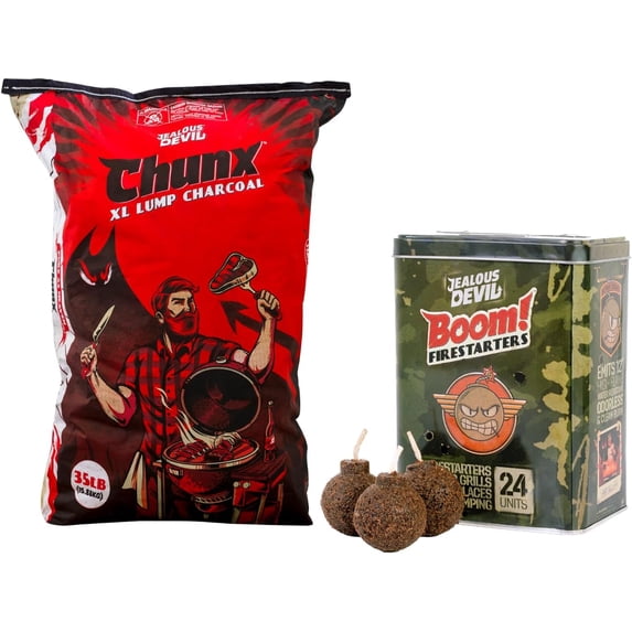 Jealous Devil 35Lb Lump Charcoal + 24 Pack Boom Firestarters