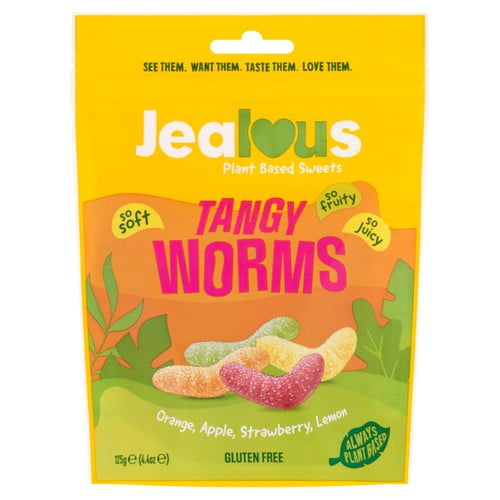 Jealous Sweets Tangy Worms Plant-based Gummy Sweets 125g, British Import (Pack of 6)